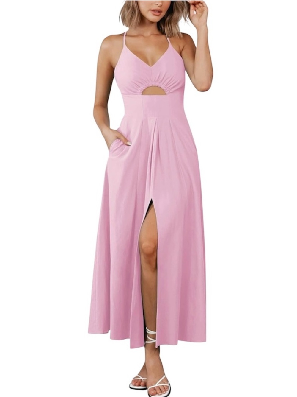 BTFBM Women’s SMALL Pink Summer Spaghetti Strap V Neck Cut Out Midi Dress